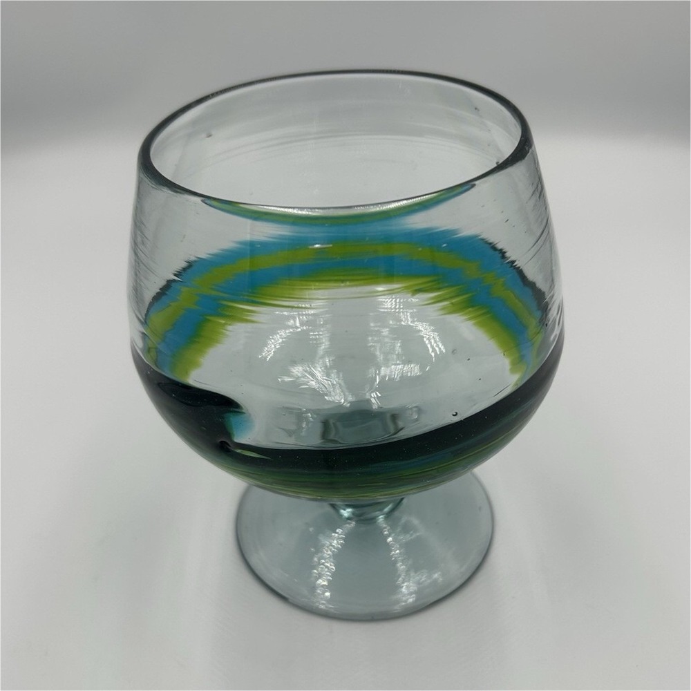 Mid Century Hand Blown Art Brandy type Glass  Blue and Green Decorative Swirl